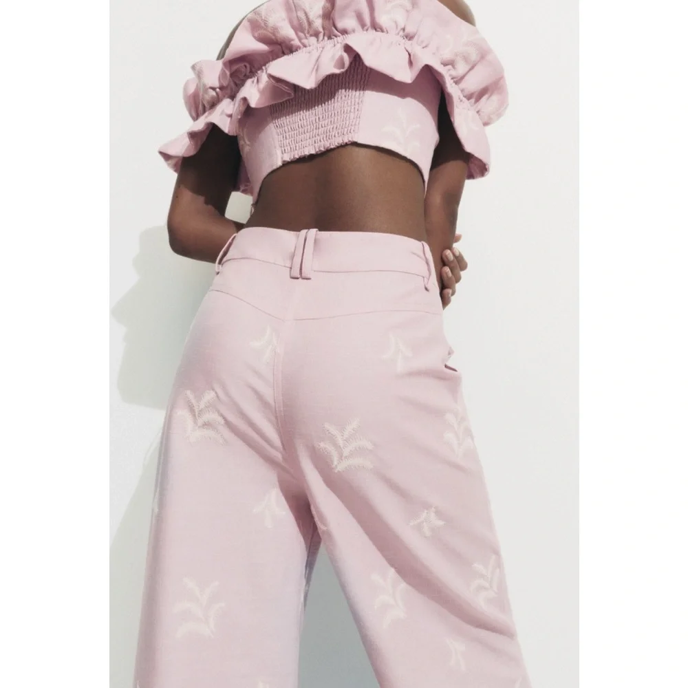 ZARA EMBROIDERED LINEN BLEND PANTS